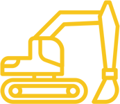 A yellow illustration of an excavator with a bucket attachment, symbolizing construction and land management services.