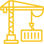 A yellow construction crane icon lifting a container. The design is simple and modern, emphasizing construction and land management themes.