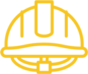 A yellow construction helmet icon on a black background, symbolizing safety and professionalism in construction and land management.