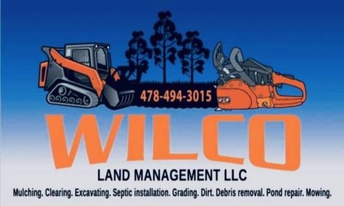 Logo for Wilco Land Management LLC featuring a bulldozer and chainsaw with a blue background. The text includes the company name, phone number, and a list of services offered.