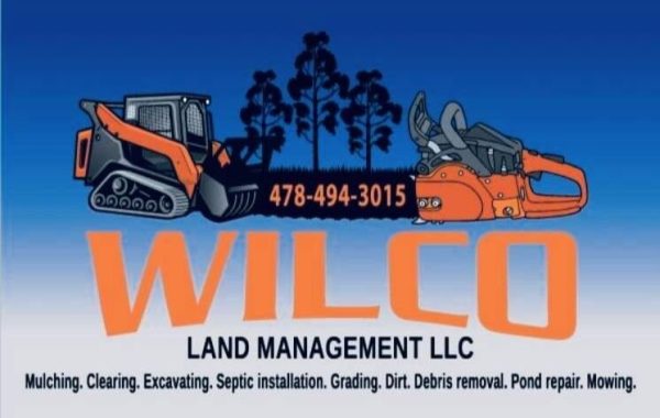 Logo for Wilco Land Management LLC featuring a bulldozer and chainsaw with a blue background. The text includes the company name, phone number, and a list of services offered.