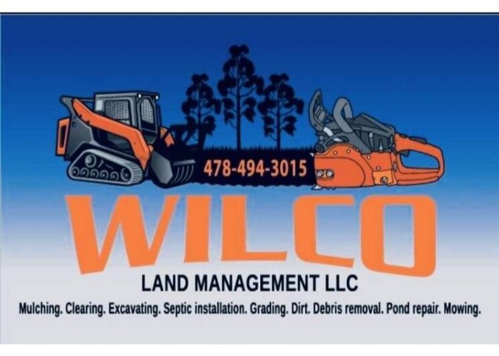 Logo for Wilco Land Management LLC featuring a bulldozer and chainsaw with a blue background. The text includes the company name, phone number, and a list of services offered.